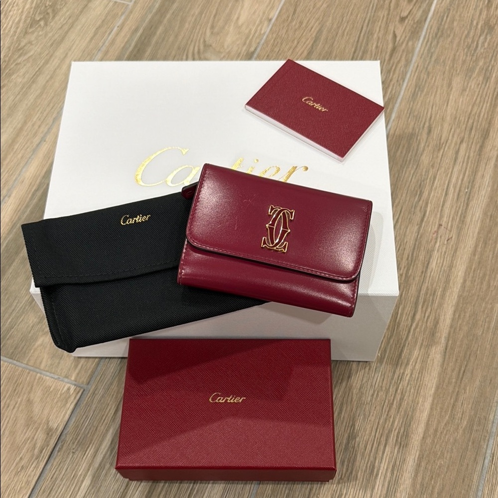 Cartier Burgundy Leather Trifold Wallet with Gold Double C Monogram